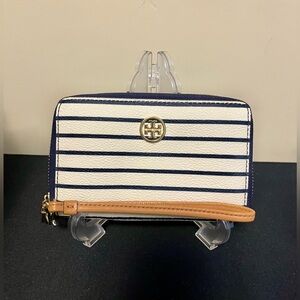 Tory Burch Blue and White Robinson Striped Wristlet